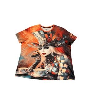 Mad Hatter Graphic Shirt Womens 2 Orange Surreal Tea Party All Over Print